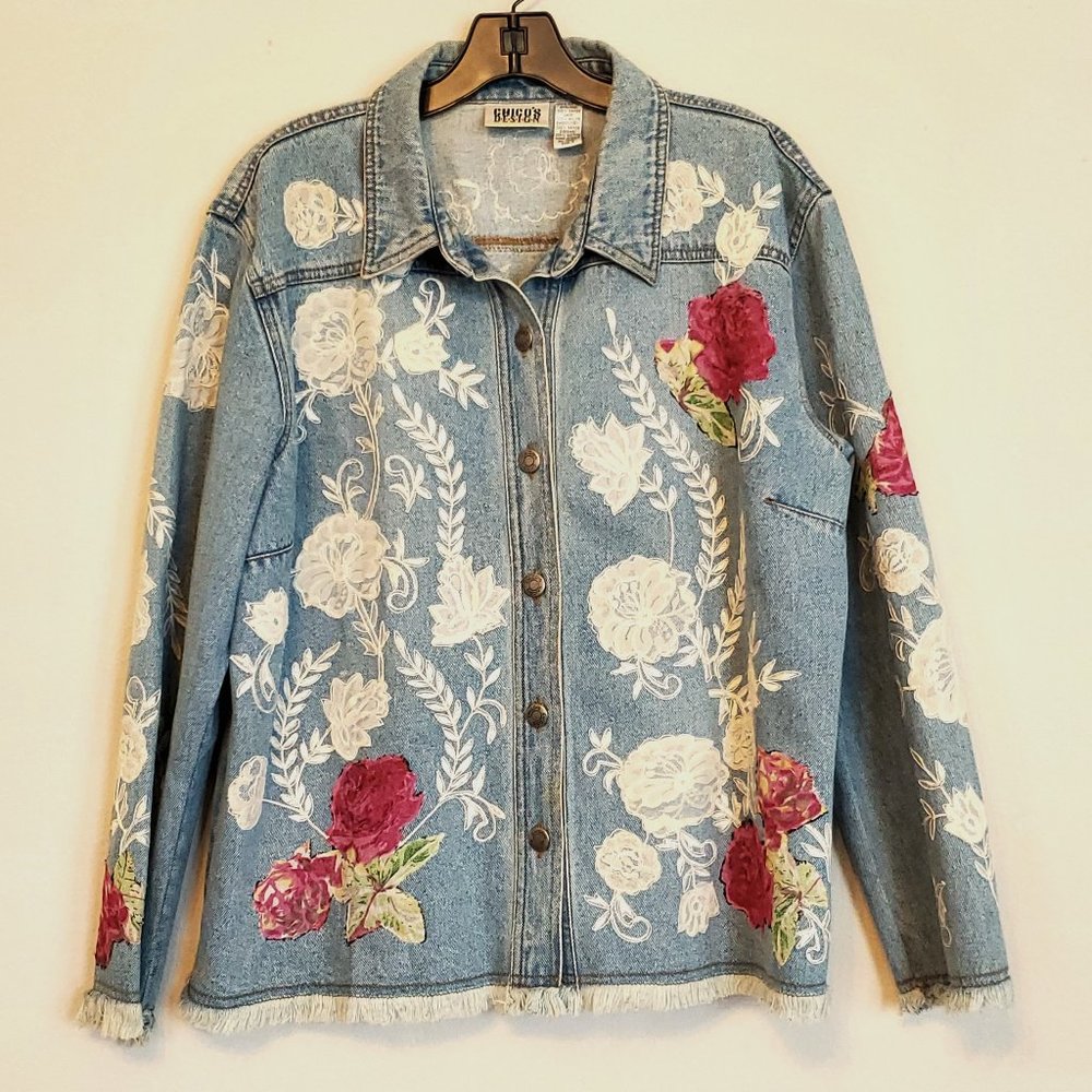 Chico's Floral Embroidered Jean Jacket Size 3